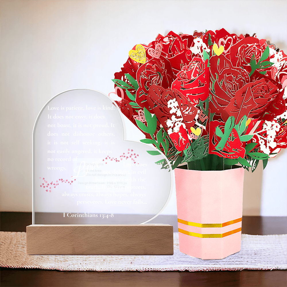 1 Corinthians 13:4–8 Acrylic Heart Plaque Gift Set – Christian Love Scripture with LED Base & Elegant Faux Flower Bouquet