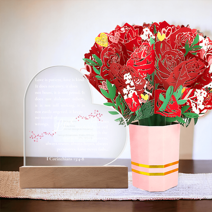 1 Corinthians 13:4–8 Acrylic Heart Plaque Gift Set – Christian Love Scripture with LED Base & Elegant Faux Flower Bouquet