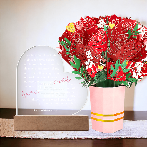 1 Corinthians 13:4–8 Acrylic Heart Plaque Gift Set – Christian Love Scripture with LED Base & Elegant Faux Flower Bouquet