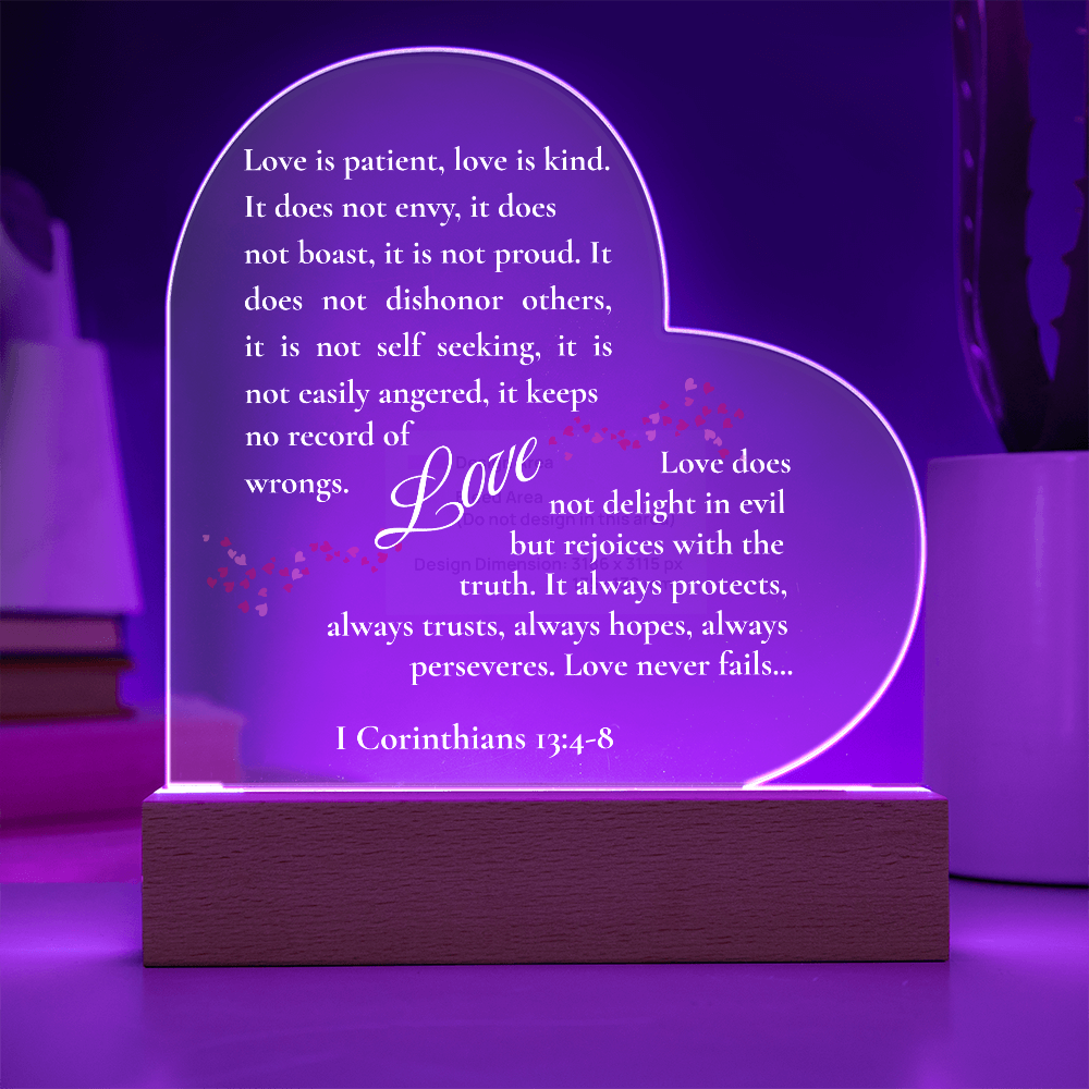 1 Corinthians 13:4–8 Acrylic Heart Plaque Gift Set – Christian Love Scripture with LED Base & Elegant Faux Flower Bouquet