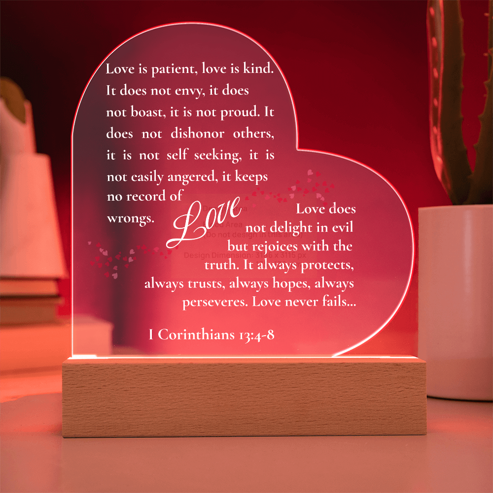 1 Corinthians 13:4–8 Acrylic Heart Plaque Gift Set – Christian Love Scripture with LED Base & Elegant Faux Flower Bouquet