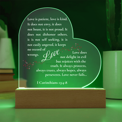 1 Corinthians 13:4–8 Acrylic Heart Plaque Gift Set – Christian Love Scripture with LED Base & Elegant Faux Flower Bouquet
