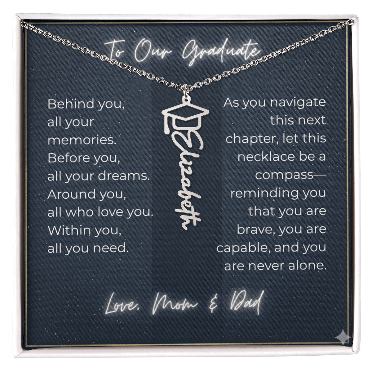 Custom Class of 2027 Graduation Name Necklace | Vertical Pendant & Cap Icon (1-Mom & Dad)