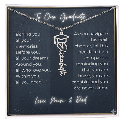 Custom Class of 2027 Graduation Name Necklace | Vertical Pendant & Cap Icon (1-Mom & Dad)