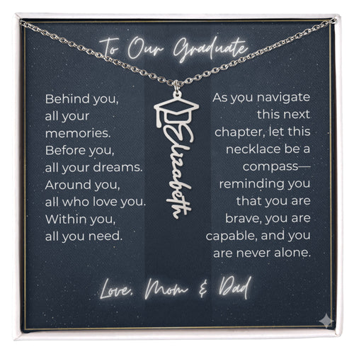 Custom Class of 2027 Graduation Name Necklace | Vertical Pendant & Cap Icon (1-Mom & Dad)