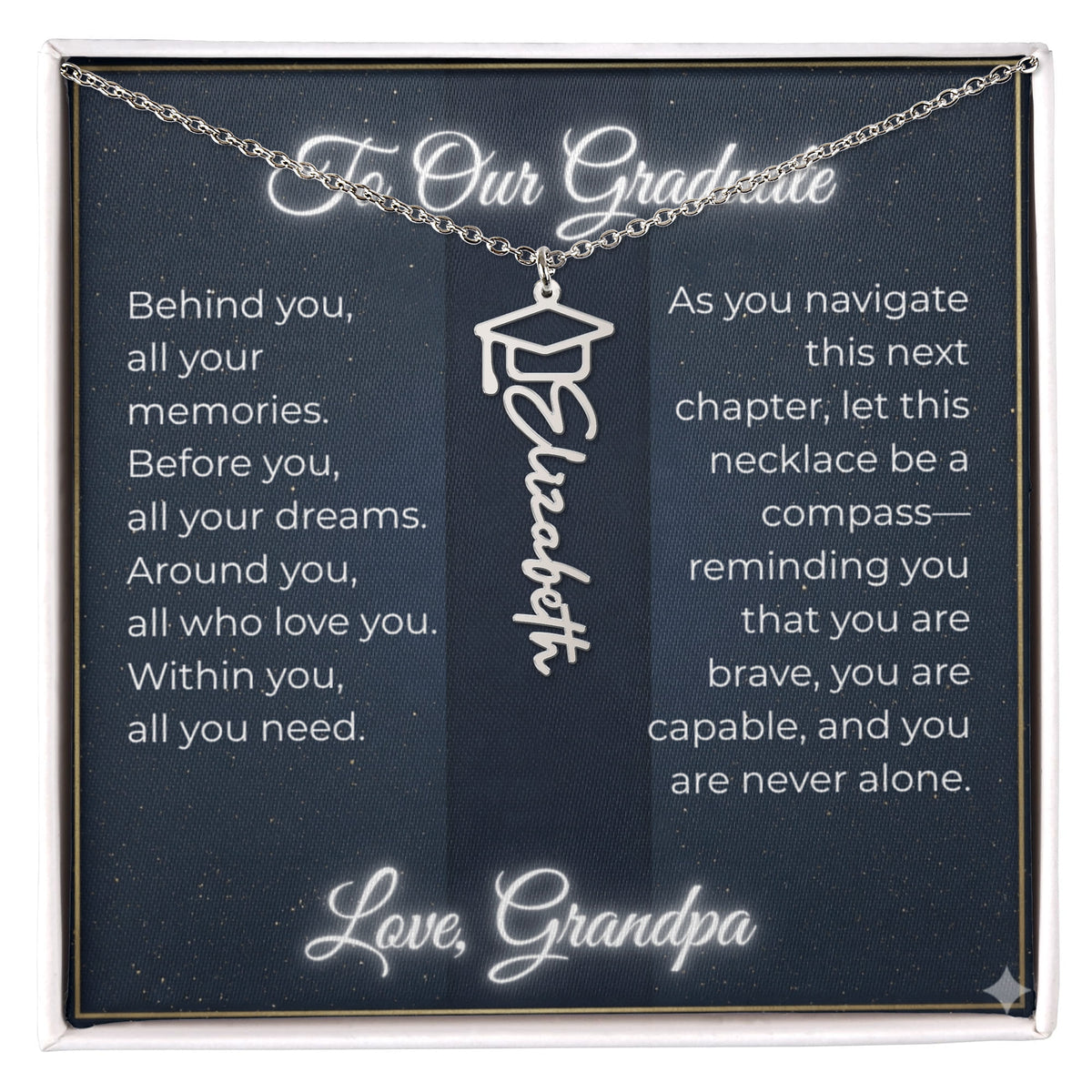 Custom Class of 2027 Graduation Name Necklace | Vertical Pendant & Cap Icon (Grandpa)