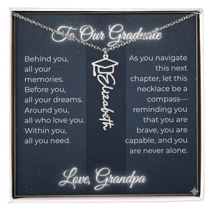 Custom Class of 2027 Graduation Name Necklace | Vertical Pendant & Cap Icon (Grandpa)