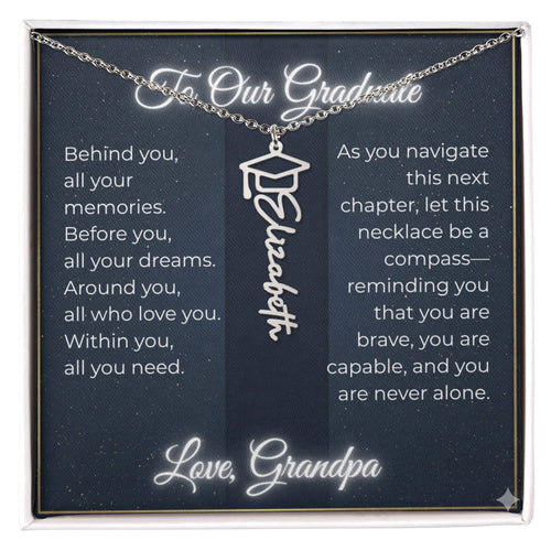 Custom Class of 2027 Graduation Name Necklace | Vertical Pendant & Cap Icon (Grandpa)