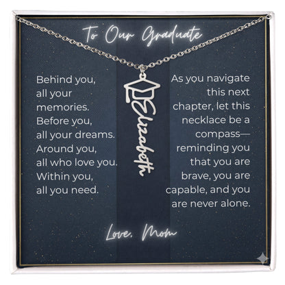 Custom Class of 2027 Graduation Name Necklace | Vertical Pendant & Cap Icon (Mom)