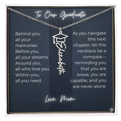 Custom Class of 2027 Graduation Name Necklace | Vertical Pendant & Cap Icon (Mom)