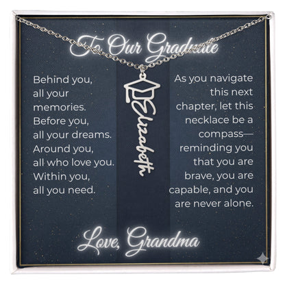 Custom Class of 2027 Graduation Name Necklace | Vertical Pendant & Cap Icon (Grandma)