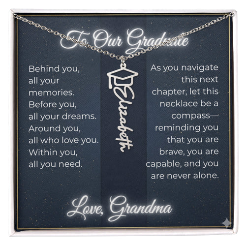 Custom Class of 2027 Graduation Name Necklace | Vertical Pendant & Cap Icon (Grandma)