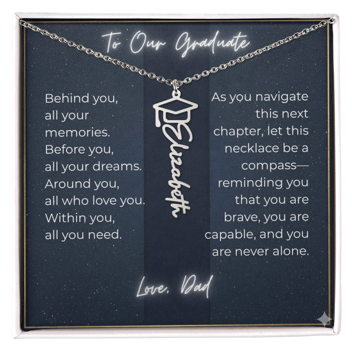 Custom Class of 2027 Graduation Name Necklace | Vertical Pendant & Cap Icon (Dad)