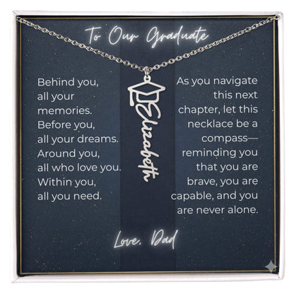 Custom Class of 2027 Graduation Name Necklace | Vertical Pendant & Cap Icon (Dad)