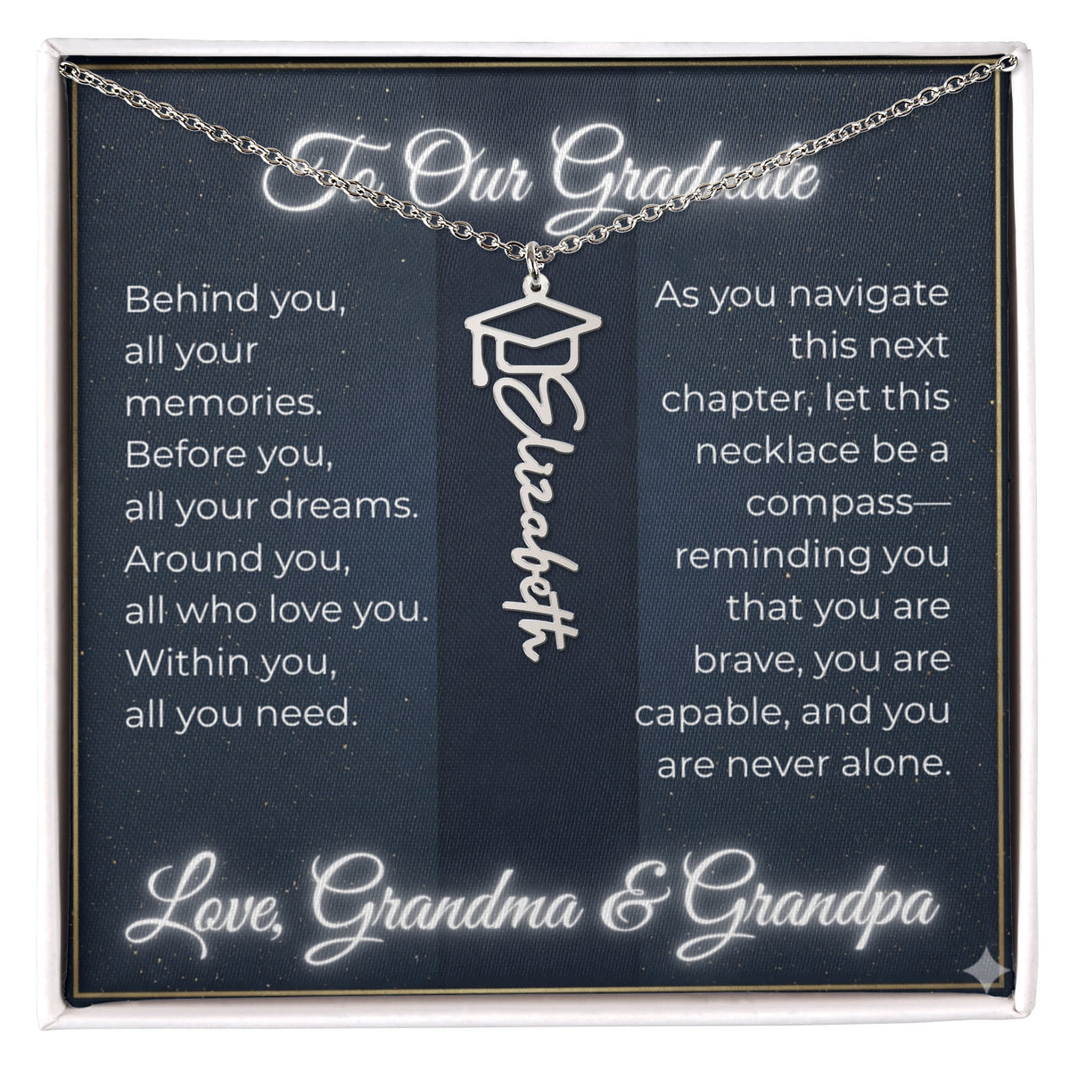 Custom Class of 2027 Graduation Name Necklace | Vertical Pendant & Cap Icon (Grandma & Grandpa)