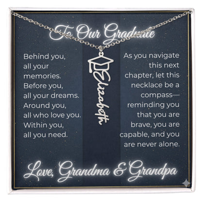 Custom Class of 2027 Graduation Name Necklace | Vertical Pendant & Cap Icon (Grandma & Grandpa)