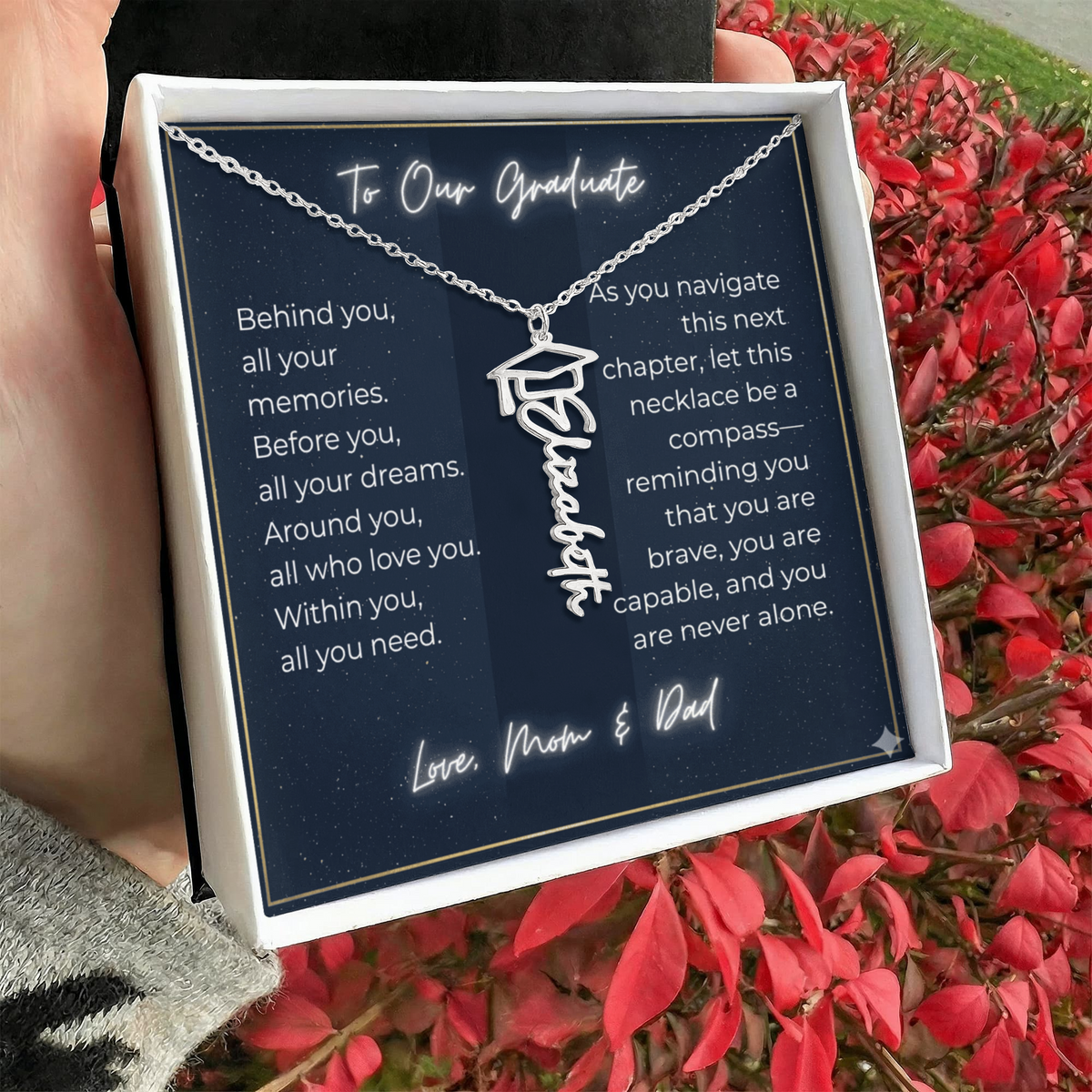 Custom Class of 2027 Graduation Name Necklace | Vertical Pendant & Cap Icon (1-Mom & Dad)