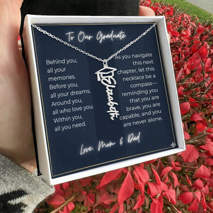 Custom Class of 2027 Graduation Name Necklace | Vertical Pendant & Cap Icon (1-Mom & Dad)