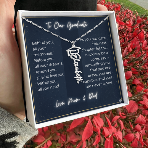 Custom Class of 2027 Graduation Name Necklace | Vertical Pendant & Cap Icon (1-Mom & Dad)