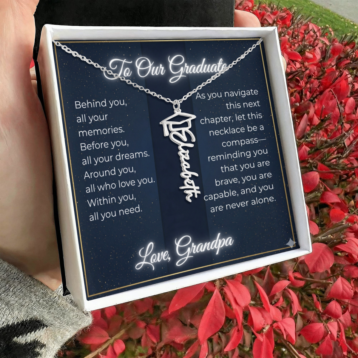 Custom Class of 2027 Graduation Name Necklace | Vertical Pendant & Cap Icon (Grandpa)