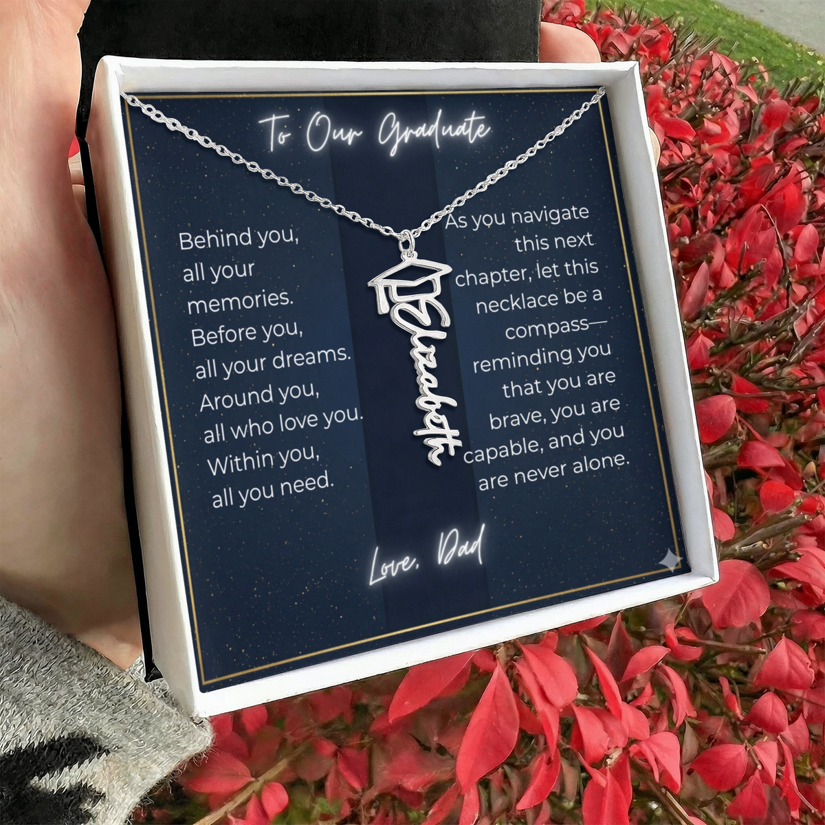 Custom Class of 2027 Graduation Name Necklace | Vertical Pendant & Cap Icon (Dad)
