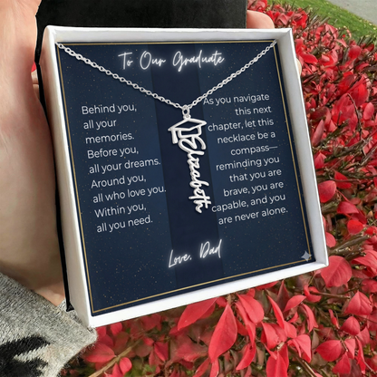 Custom Class of 2027 Graduation Name Necklace | Vertical Pendant & Cap Icon (Dad)