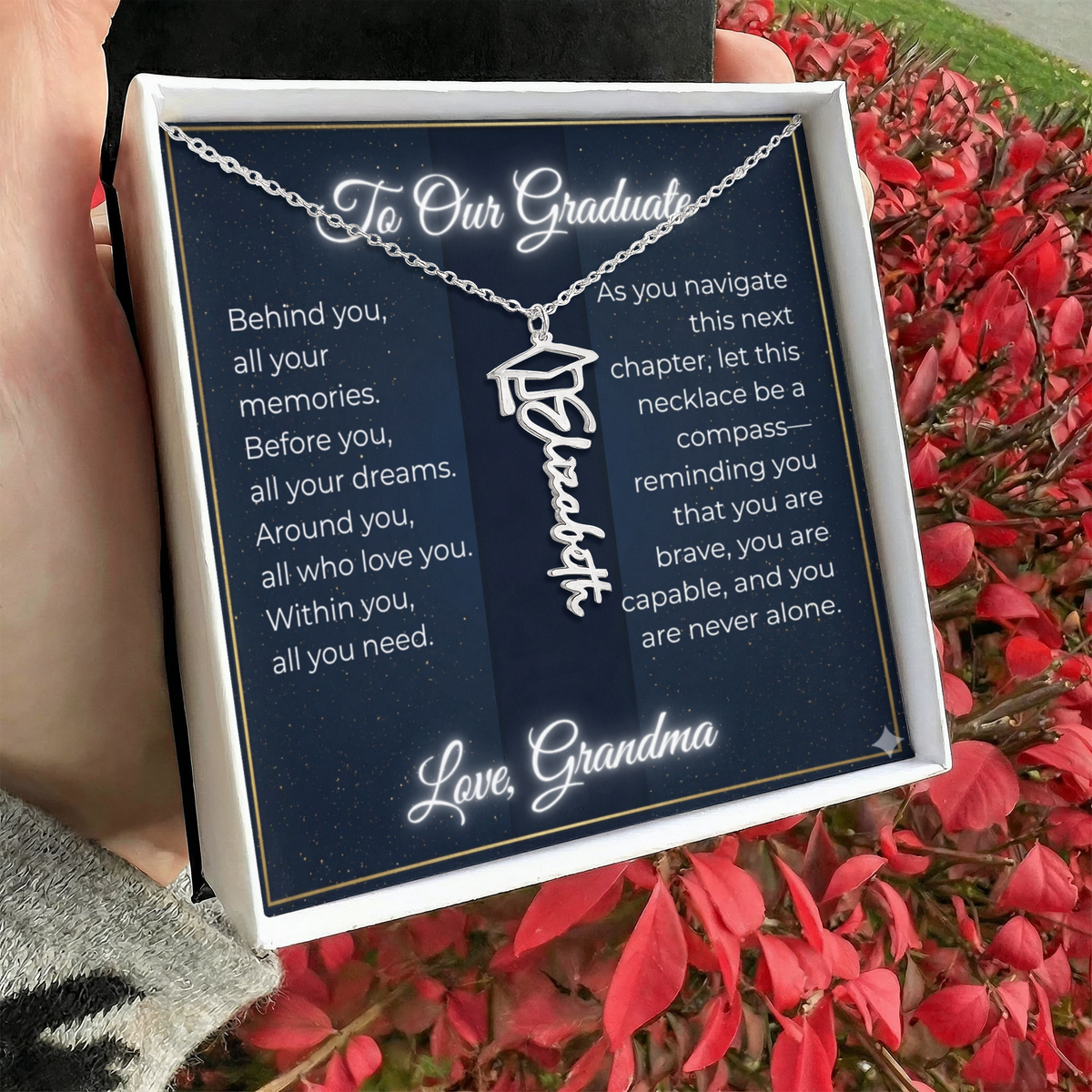 Custom Class of 2027 Graduation Name Necklace | Vertical Pendant & Cap Icon (Grandma)