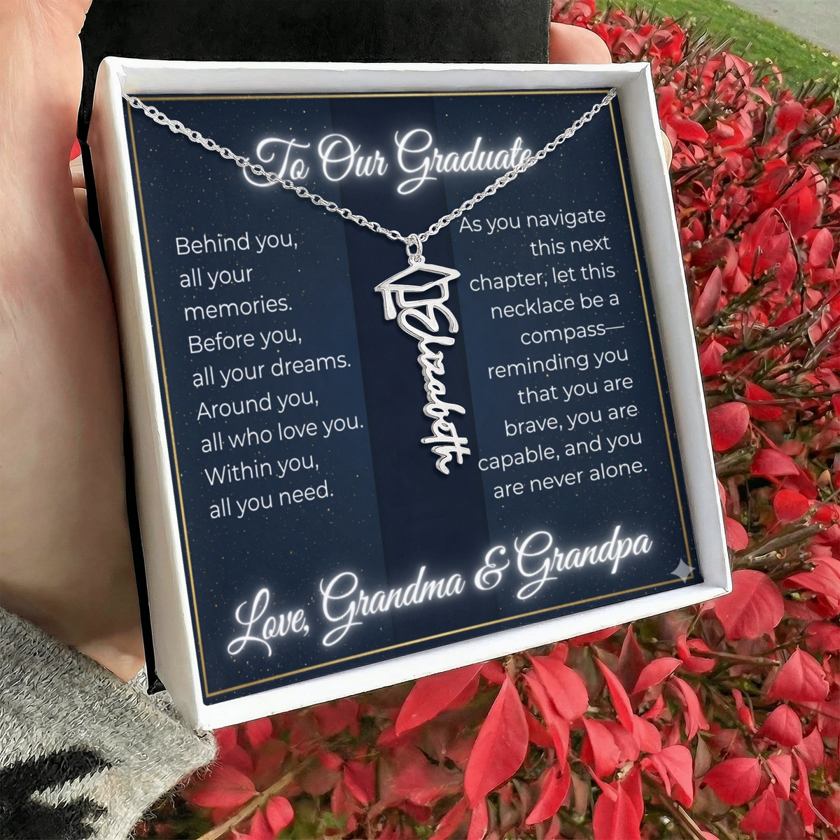 Custom Class of 2027 Graduation Name Necklace | Vertical Pendant & Cap Icon (Grandma & Grandpa)