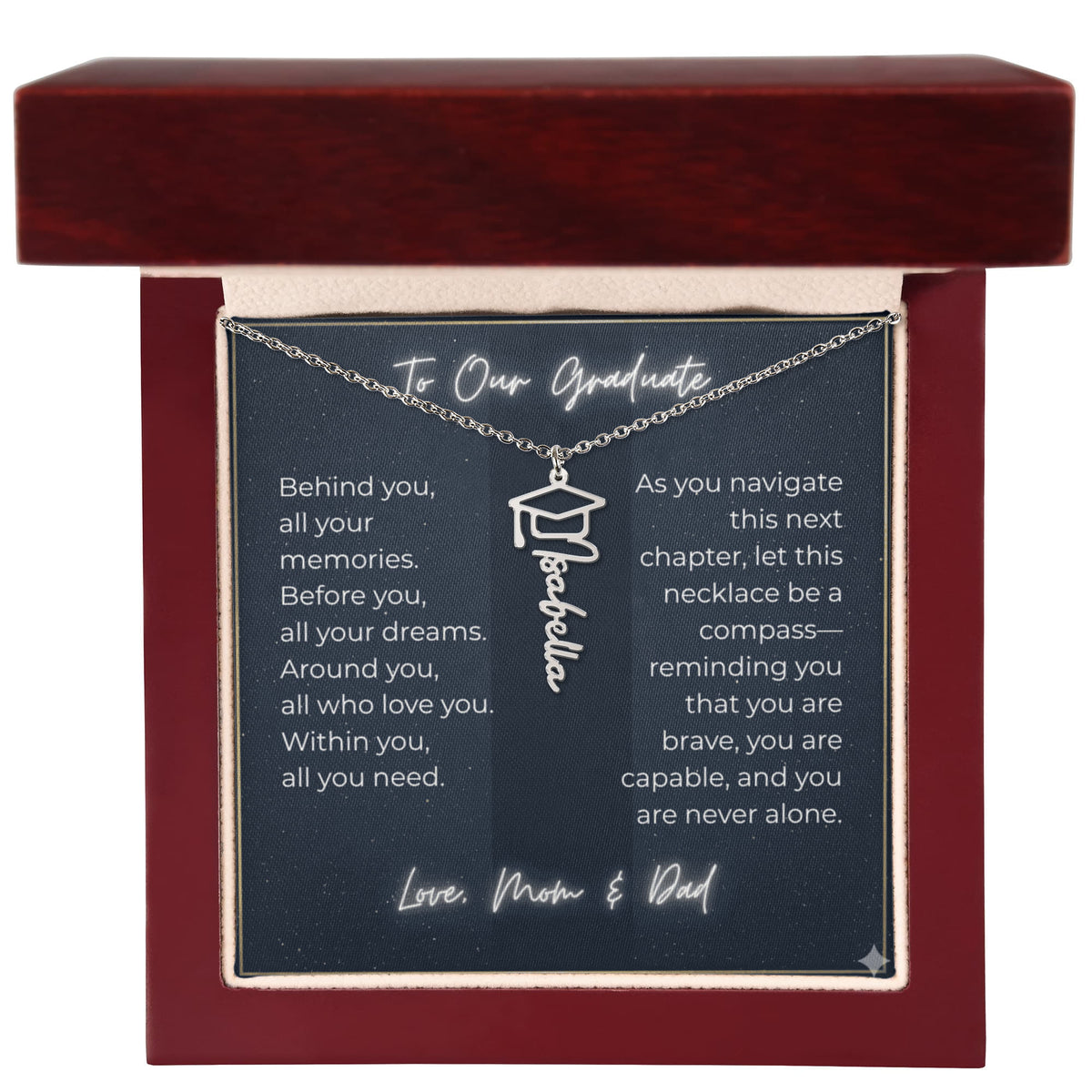 Custom Class of 2027 Graduation Name Necklace | Vertical Pendant & Cap Icon (1-Mom & Dad)
