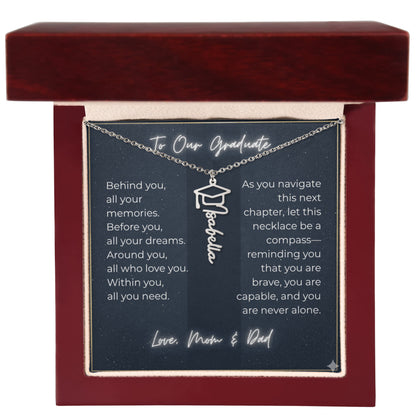 Custom Class of 2027 Graduation Name Necklace | Vertical Pendant & Cap Icon (1-Mom & Dad)