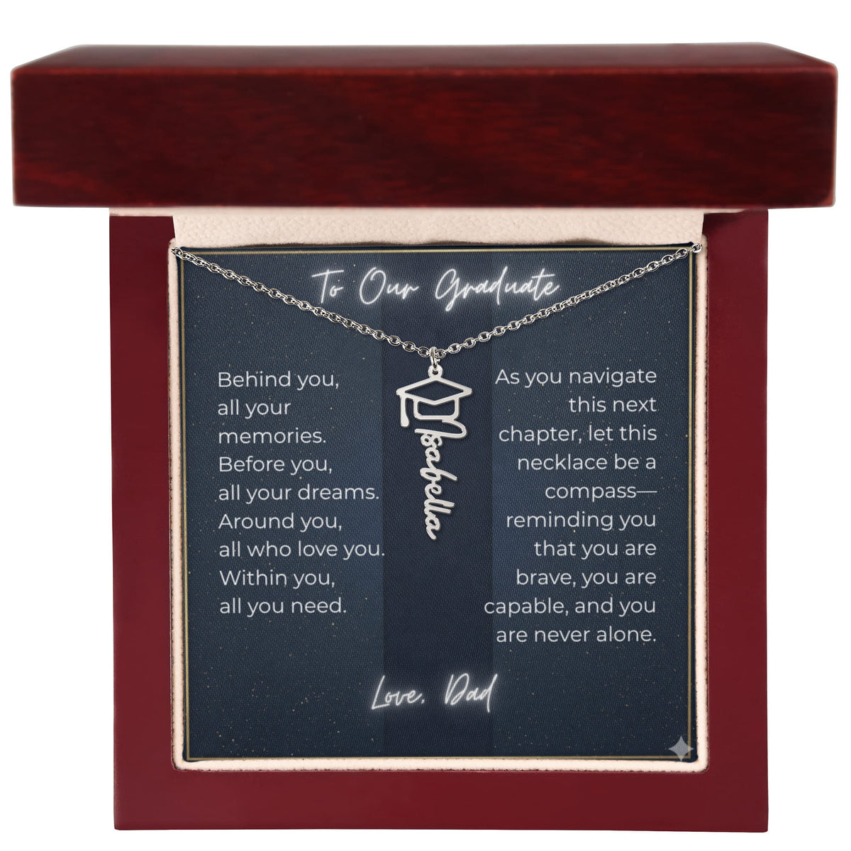 Custom Class of 2027 Graduation Name Necklace | Vertical Pendant & Cap Icon (Dad)