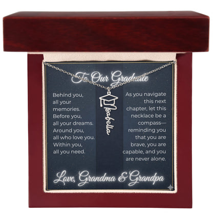 Custom Class of 2027 Graduation Name Necklace | Vertical Pendant & Cap Icon (Grandma & Grandpa)