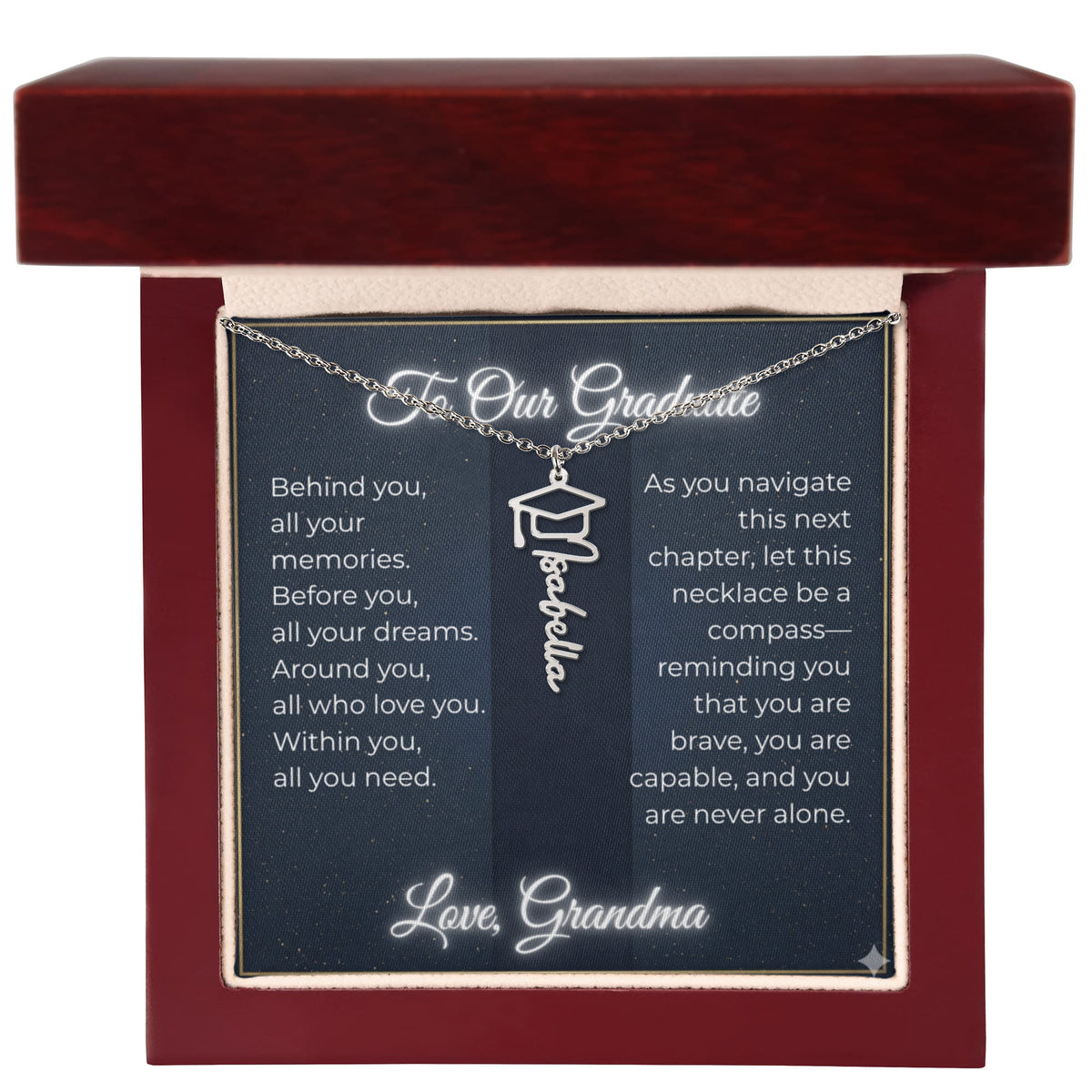 Custom Class of 2027 Graduation Name Necklace | Vertical Pendant & Cap Icon (Grandma)