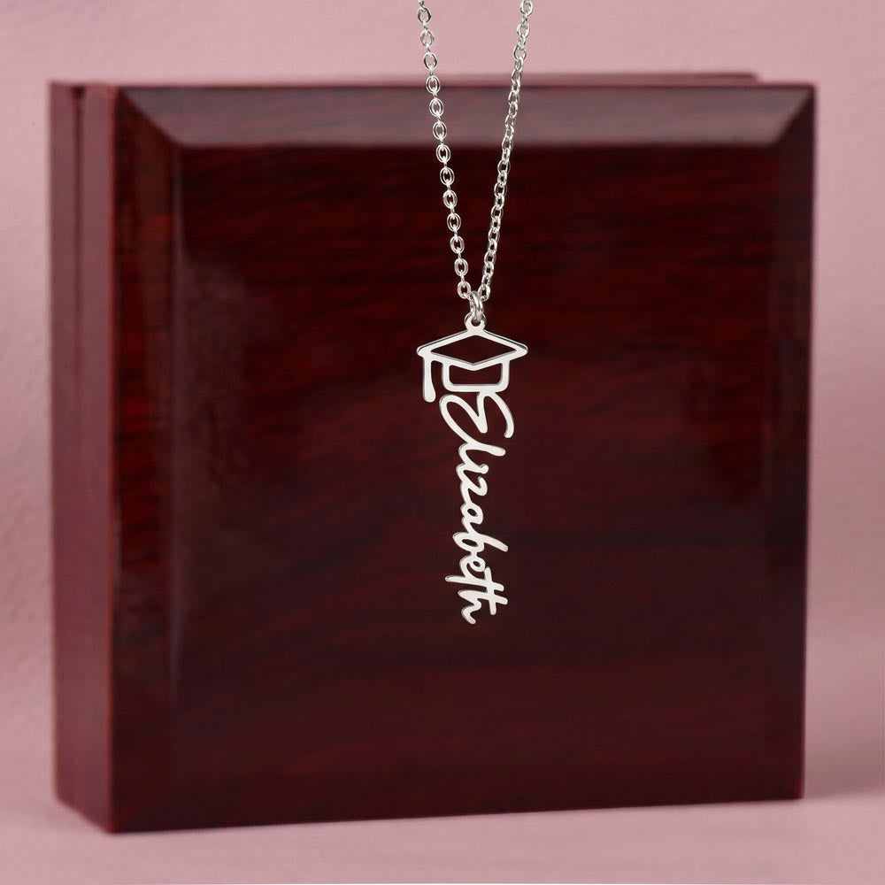 Custom Class of 2027 Graduation Name Necklace | Vertical Pendant & Cap Icon (1-Mom & Dad)