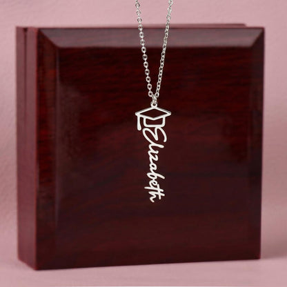 Custom Class of 2027 Graduation Name Necklace | Vertical Pendant & Cap Icon (1-Mom & Dad)
