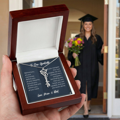 Custom Class of 2027 Graduation Name Necklace | Vertical Pendant & Cap Icon (1-Mom & Dad)