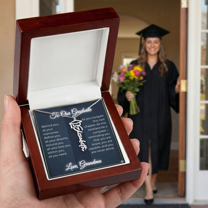Custom Class of 2027 Graduation Name Necklace | Vertical Pendant & Cap Icon (Grandma)