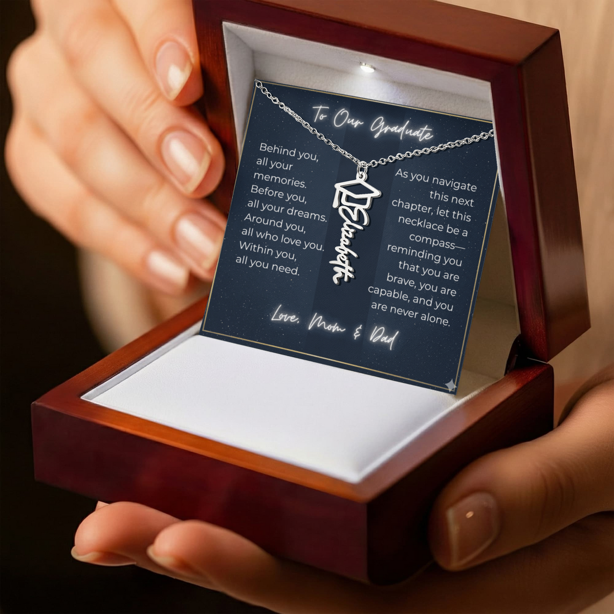Custom Class of 2027 Graduation Name Necklace | Vertical Pendant & Cap Icon (1-Mom & Dad)