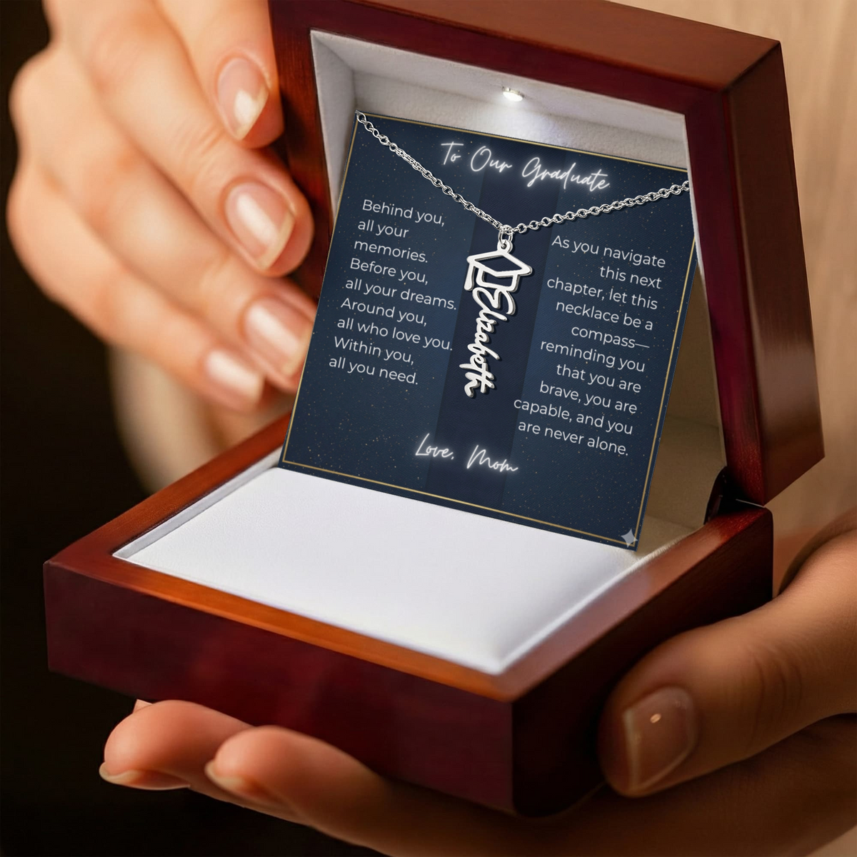 Custom Class of 2027 Graduation Name Necklace | Vertical Pendant & Cap Icon (Mom)