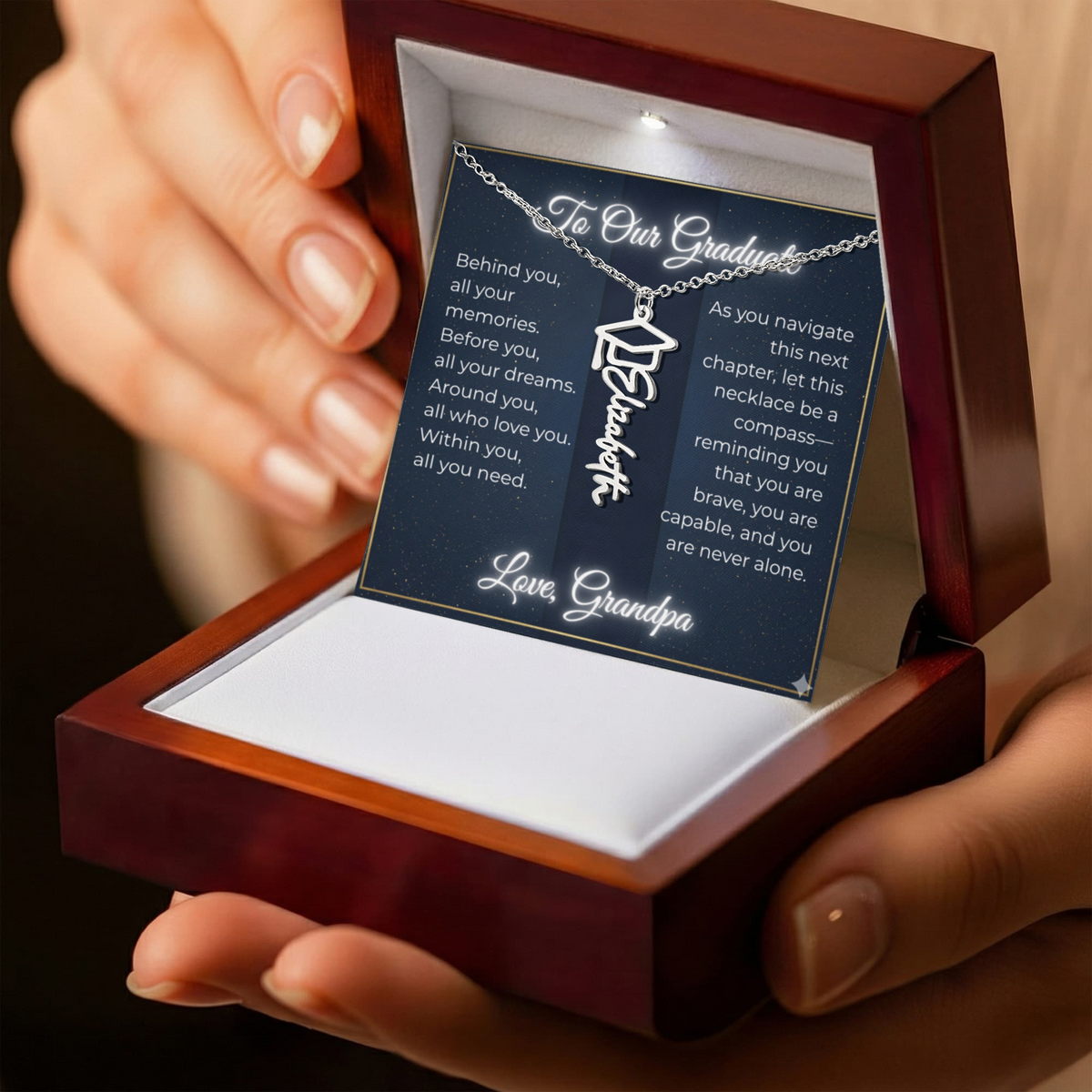 Custom Class of 2027 Graduation Name Necklace | Vertical Pendant & Cap Icon (Grandpa)