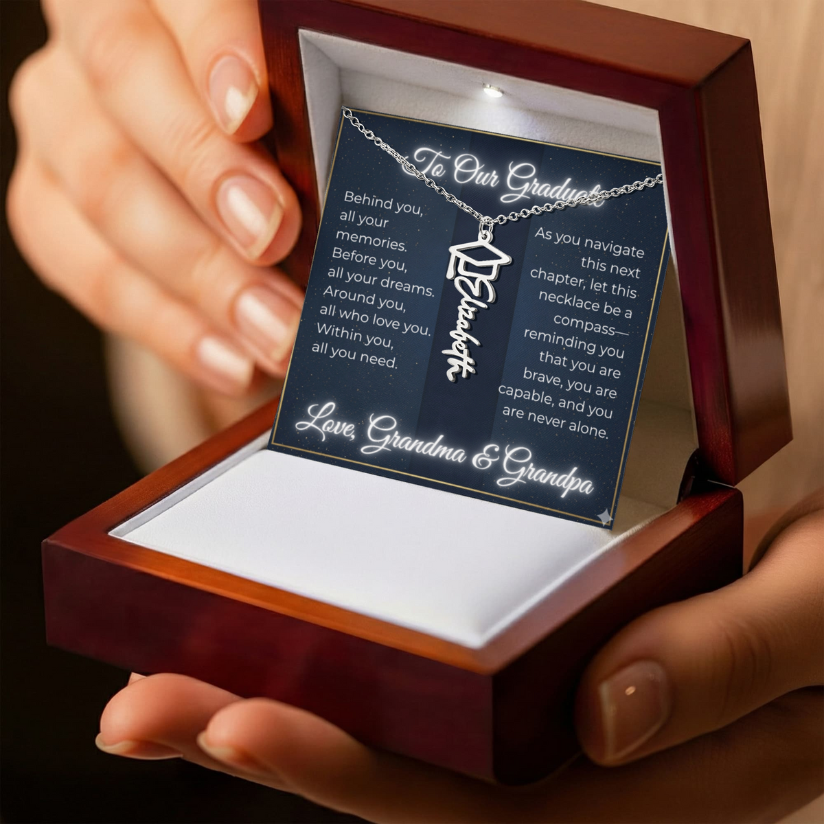 Custom Class of 2027 Graduation Name Necklace | Vertical Pendant & Cap Icon (Grandma & Grandpa)