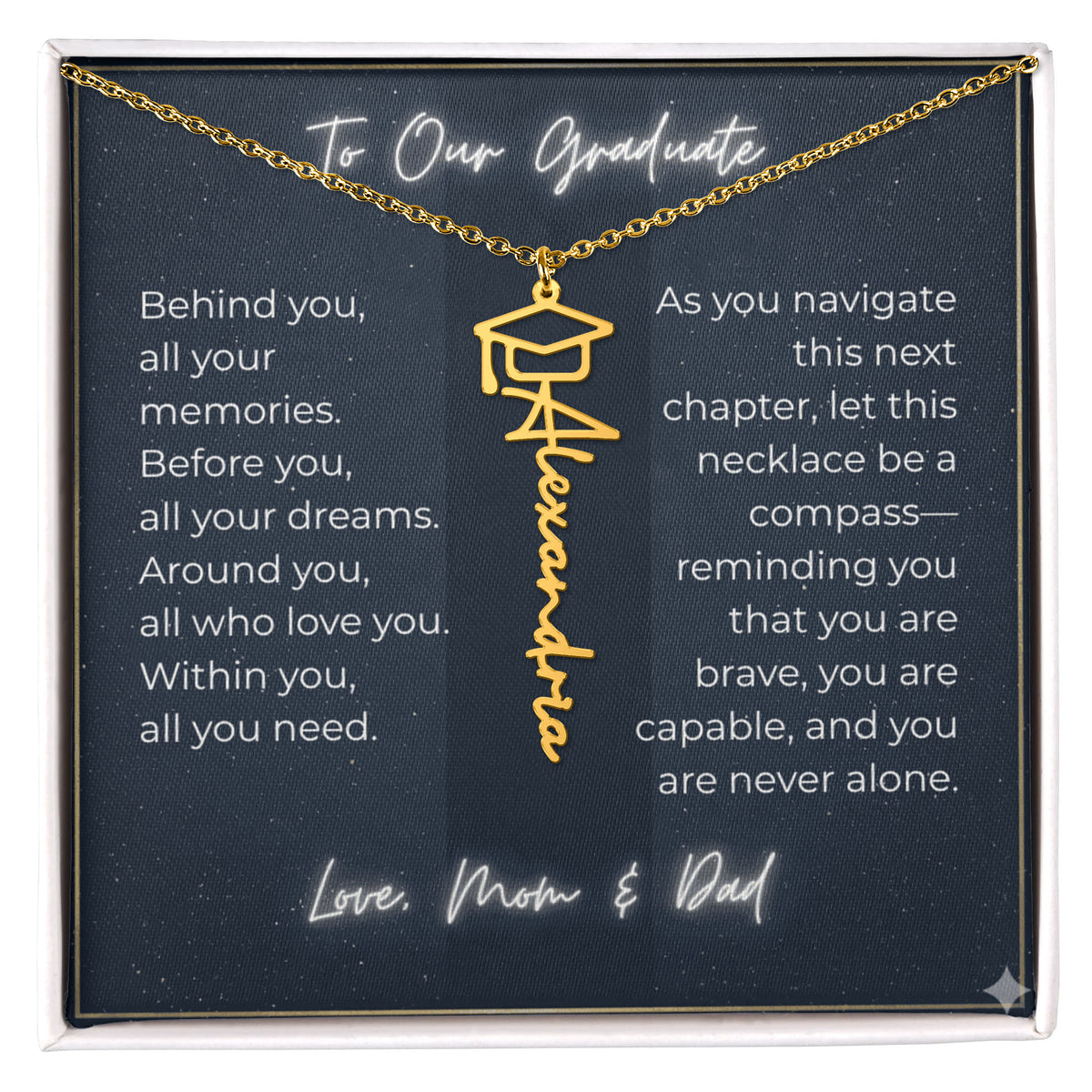 Custom Class of 2027 Graduation Name Necklace | Vertical Pendant & Cap Icon (1-Mom & Dad)