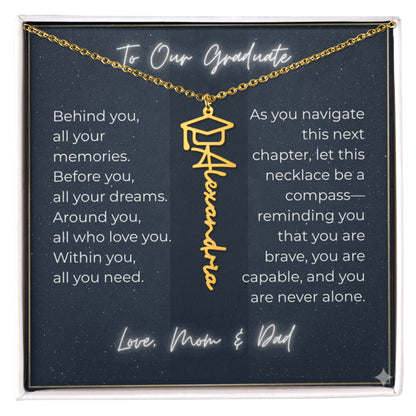Custom Class of 2027 Graduation Name Necklace | Vertical Pendant & Cap Icon (1-Mom & Dad)