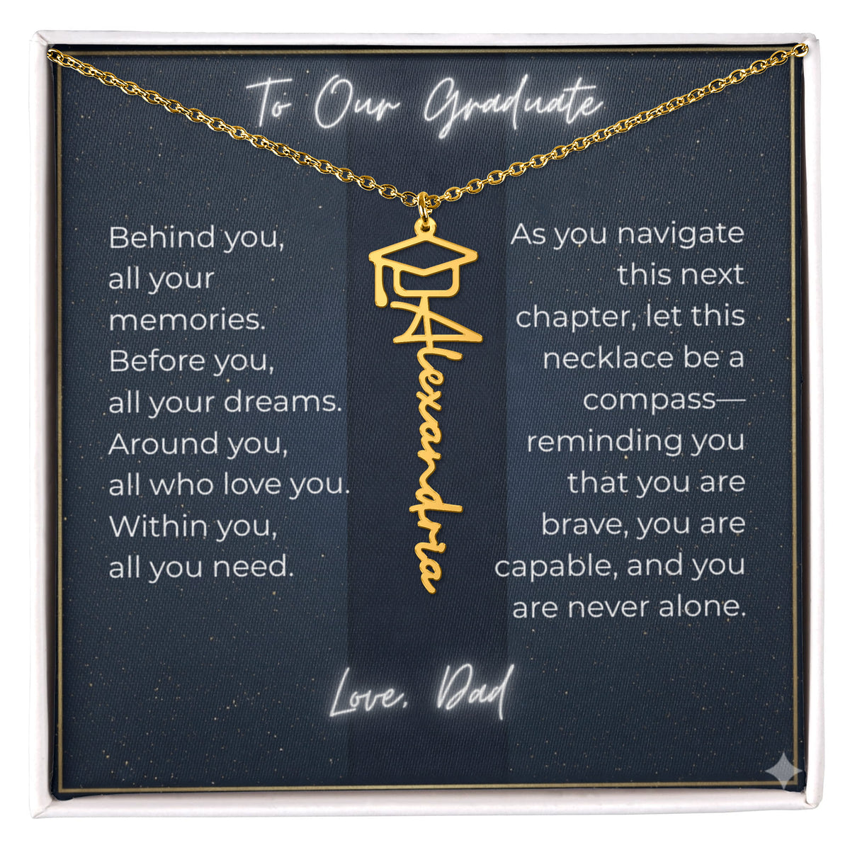 Custom Class of 2027 Graduation Name Necklace | Vertical Pendant & Cap Icon (Dad)