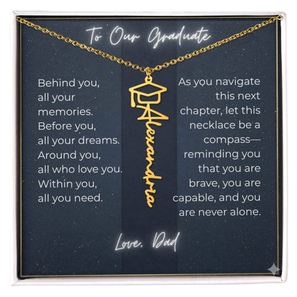 Custom Class of 2027 Graduation Name Necklace | Vertical Pendant & Cap Icon (Dad)