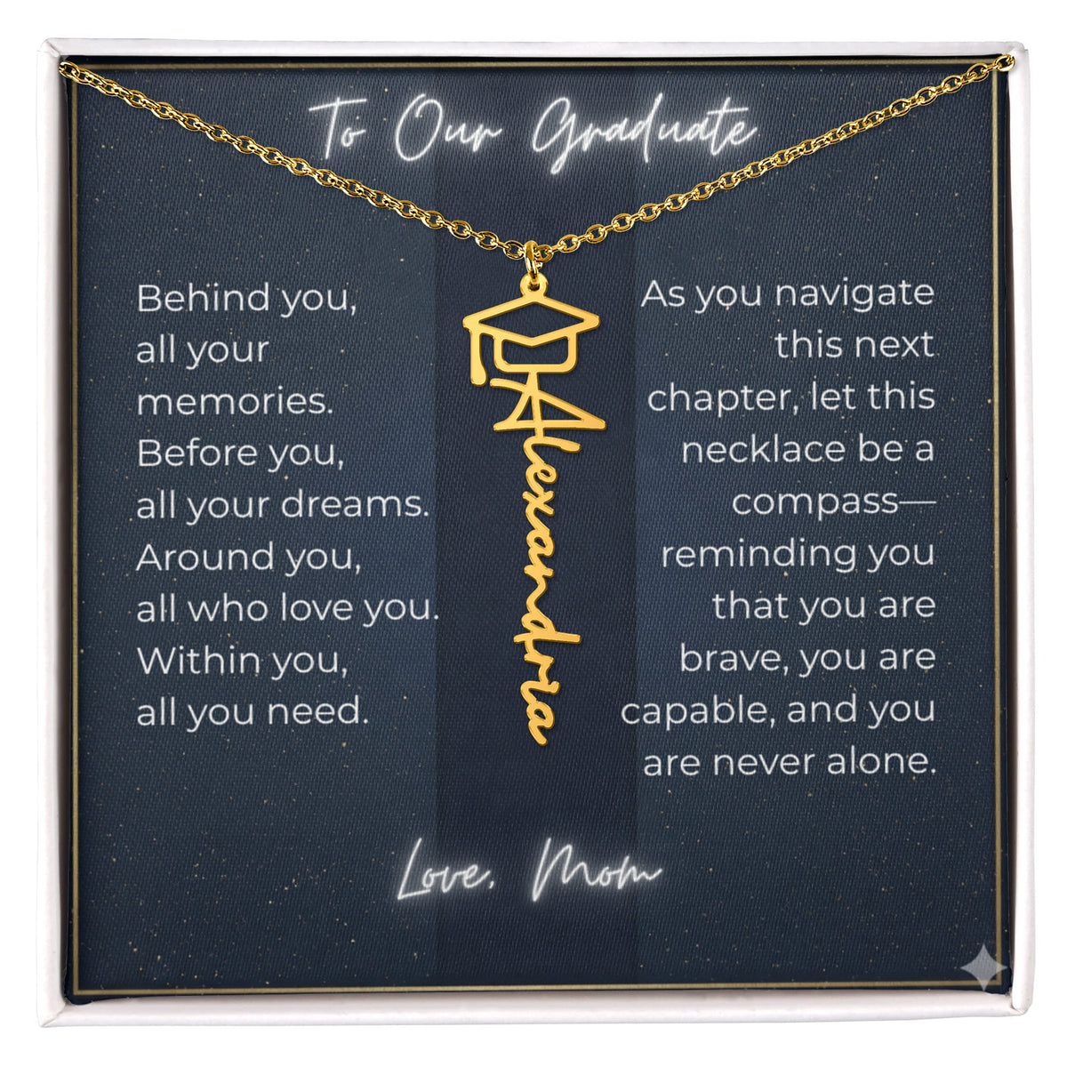 Custom Class of 2027 Graduation Name Necklace | Vertical Pendant & Cap Icon (Mom)