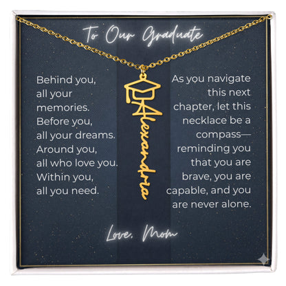Custom Class of 2027 Graduation Name Necklace | Vertical Pendant & Cap Icon (Mom)