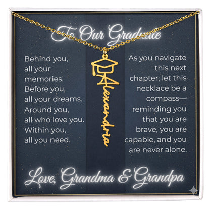Custom Class of 2027 Graduation Name Necklace | Vertical Pendant & Cap Icon (Grandma & Grandpa)