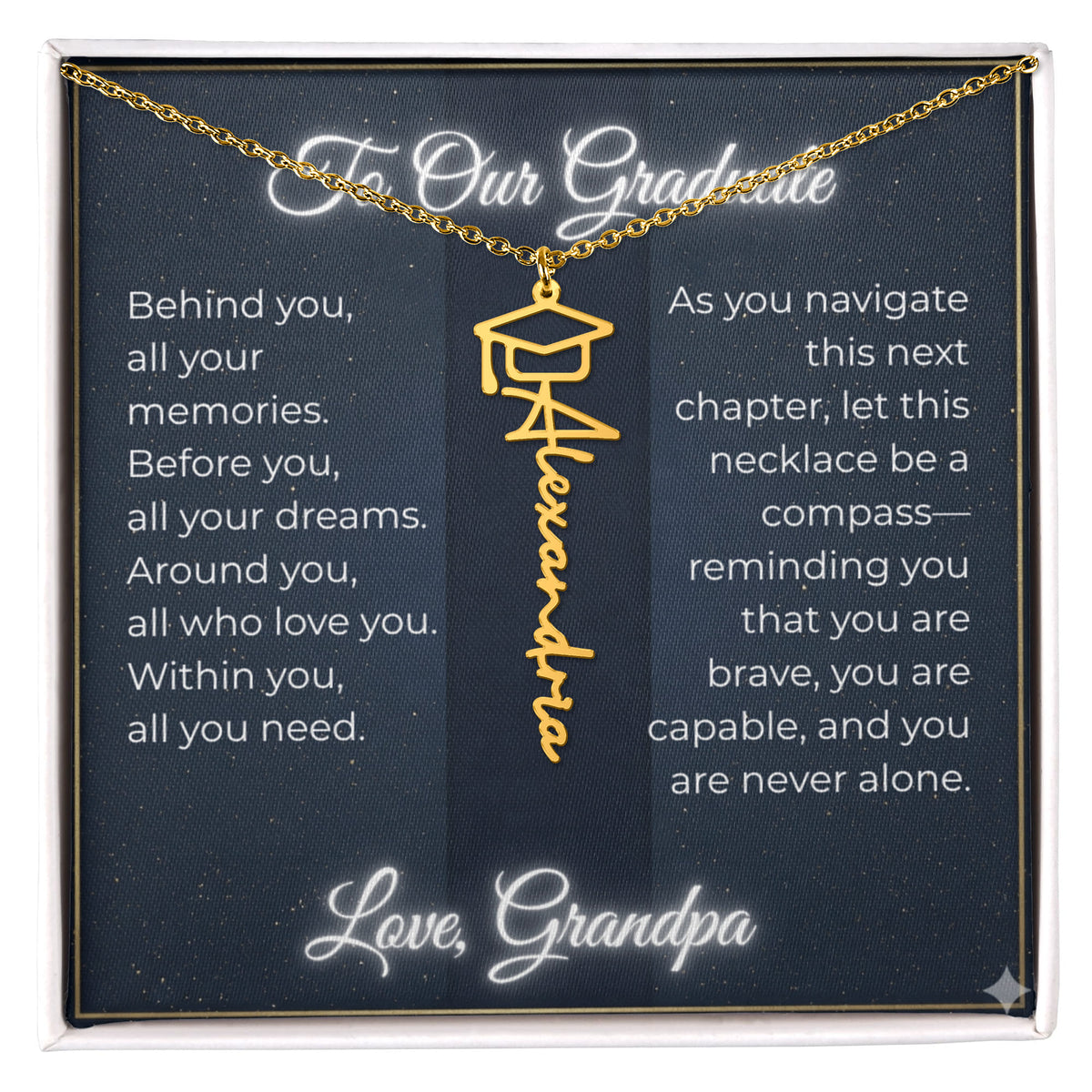 Custom Class of 2027 Graduation Name Necklace | Vertical Pendant & Cap Icon (Grandpa)