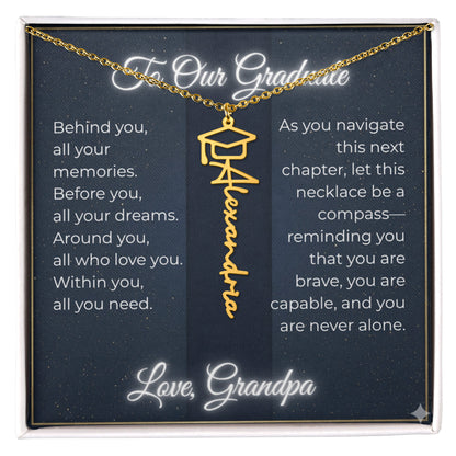 Custom Class of 2027 Graduation Name Necklace | Vertical Pendant & Cap Icon (Grandpa)
